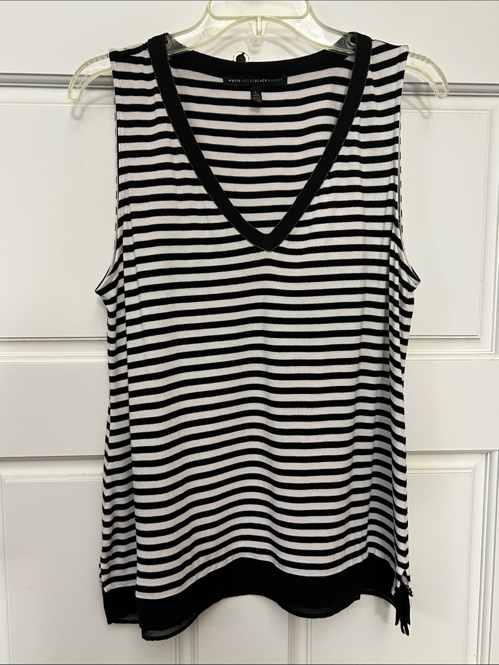 White House Black Market Black & White Striped V-Neck Sleeveless Tank